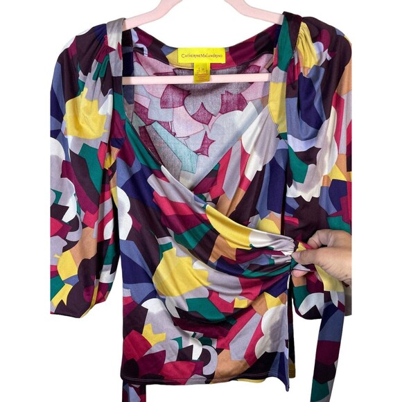 CATHERINE MALANDRINO 100% SILK ABSTRACT PRINT BELL SLEEVE WRAP FRONT BLOUSE‎ P - Picture 5 of 10
